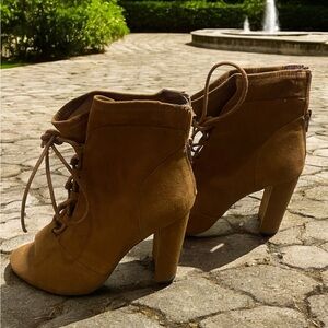 Express suede ankle lace up open toe peep toe boot shoe